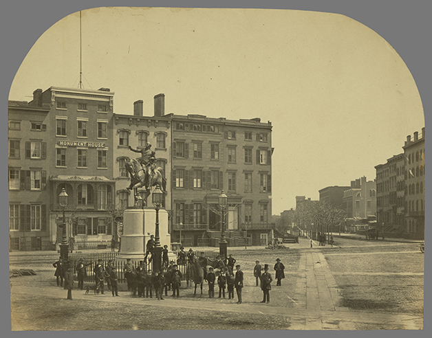 Attributed to Silas A. Holmes, photographer (American, 1820 - 1886) 14th Street with Union Square and Washington Monument, about 1855, Salted paper print Image: 31.1 x 40.3 cm (12 1/4 x 15 7/8 in.) Mount: 42.2 x 46.7 cm (16 5/8 x 18 3/8 in.) The J. Paul Getty Museum, Los Angeles. Digital image courtesy of the Getty's Open Content Program.